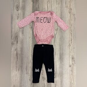 Pink 'Meow' Baby Onesie and Black Cat Leggings Set